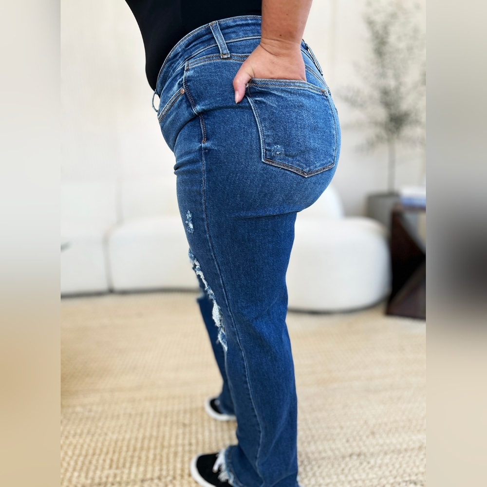 Mid-Rise Distressed Torn Mom Jeans Straight Leg Raw Hem Denim Pants Judy Blue - Picture 6 of 16
